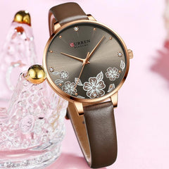 CURREN 9068 Brand Women Watch Fashion Flower Dial Quartz Ladies Leather Wristwatch Elegant Gift Lady Watche WITH ORIGNAL GIFT BOX - LIGHT BROWN