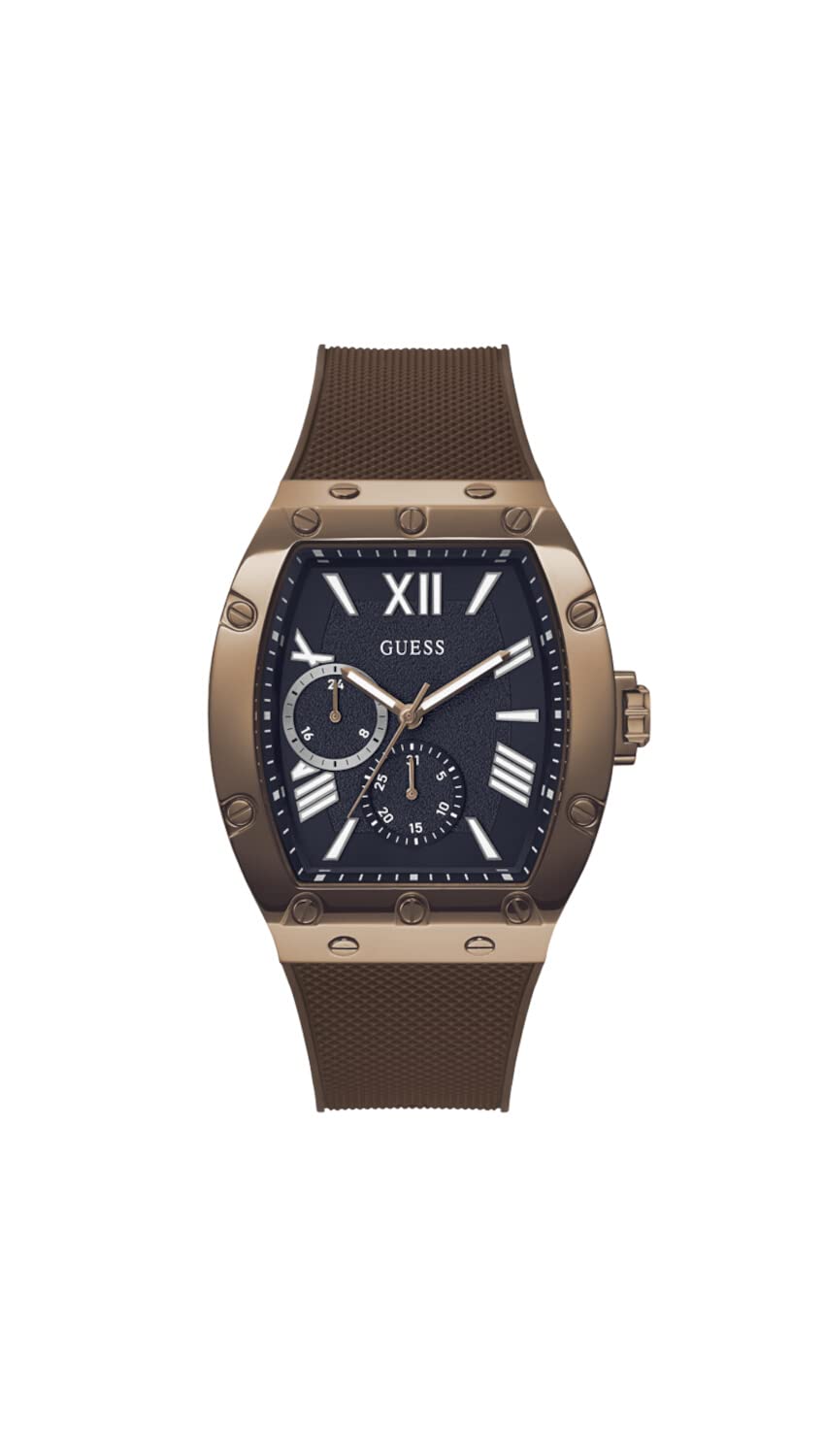 GUESS Men's 43mm Watch - Brown Strap Navy Dial Coffee Case