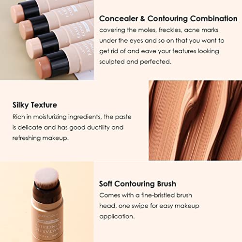 Contour Stick, Contour Foundation Stick, Creamy Concealer Bronzer Stick, Highlighter Bronzer Pen, Face Brightens Shades Pencil with Brush, Highlighting Shade, Waterproof, Longwear Makeup