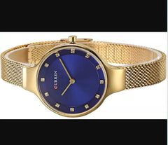 CURREN Ladies analog watch gold stainless steel case blue dial gold stainless steel bracelet