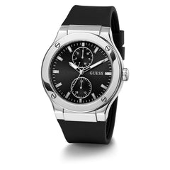 GUESS Men's 45mm Watch - Black Strap Black Dial Silver Case