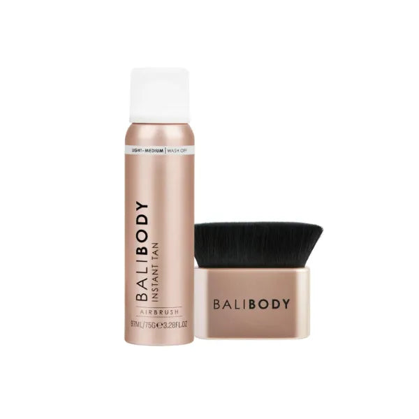 Bali Body Light to Medium Instant Tan + Brush Bundle | Skin Perfecting Aerated Spray, Flawless Airbrushed Bronzed Finish + Washable Self-Tanning Reusable Accessory Tool | Vegan & Cruelty-Free