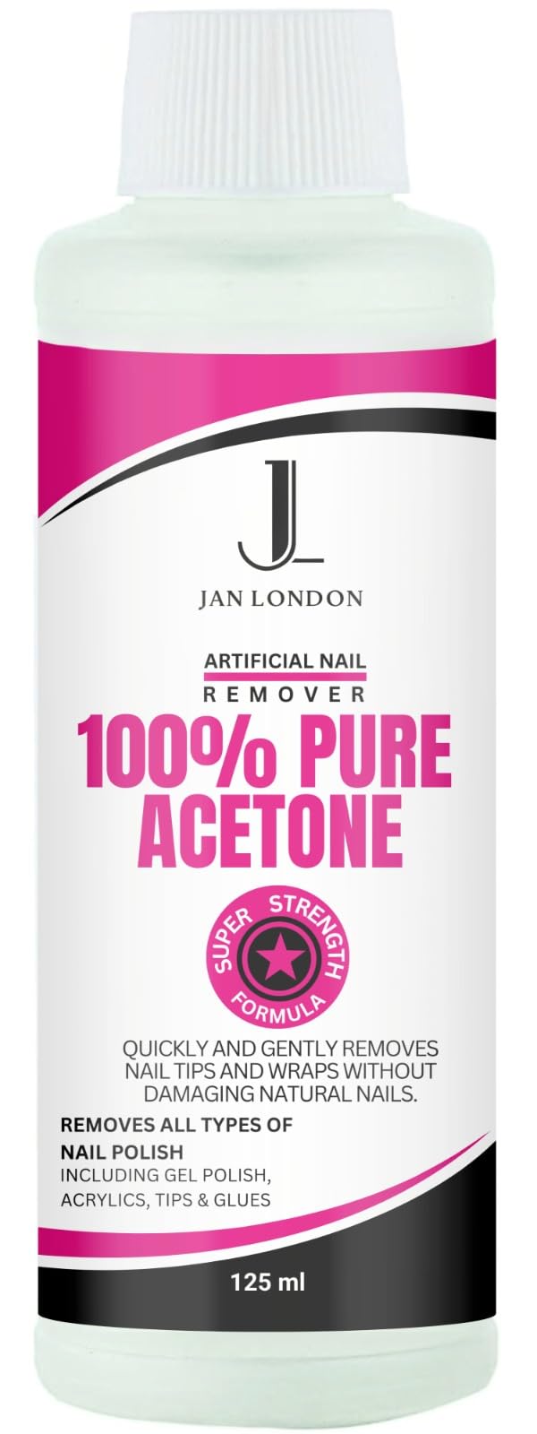 JAN LONDON 100% Pure Acetone Nail Polish Remover for UV/LED Gel, Acrylic Nails, and Nail Varnish Soak Off – Professional Strength, Fast-Acting Formula, 125ml