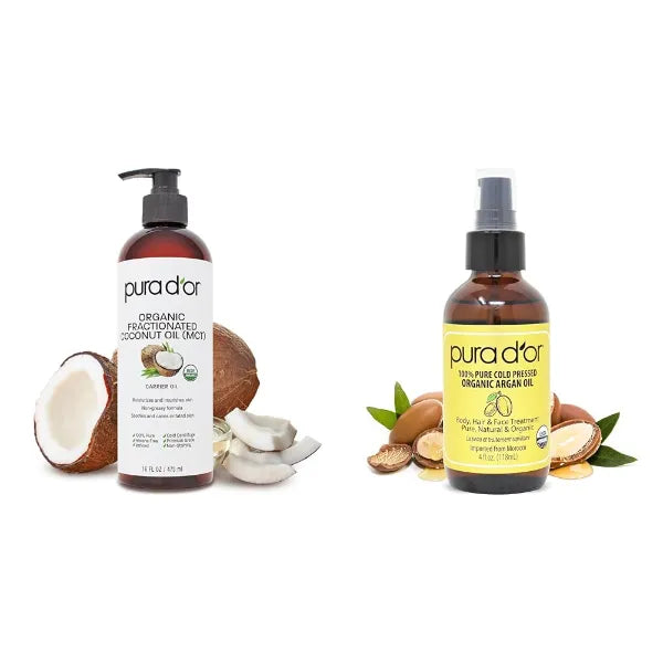 PURA D'OR 16 Oz ORGANIC Fractionated Coconut Oil Bundle with 4 Oz ORGANIC Moroccan Argan Oil