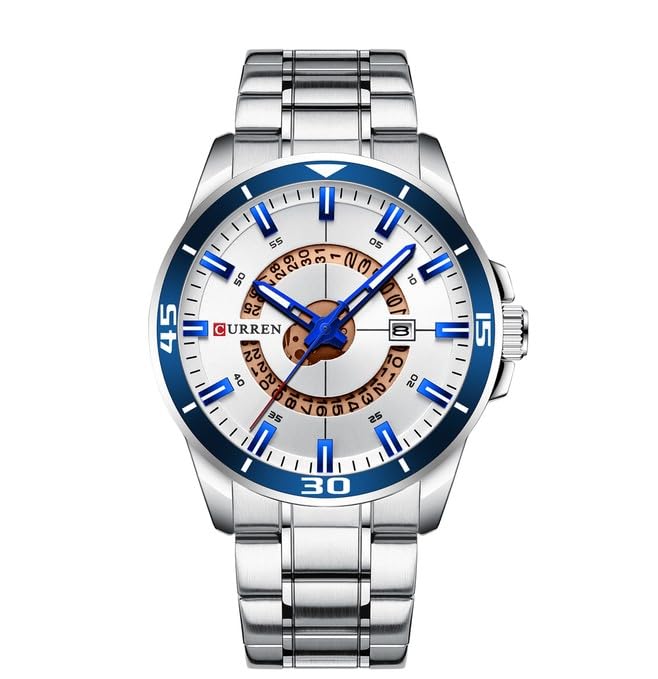 CURREN 8359 luxury business casual men's watch waterproof quartz Stainless steel Band calendar men's watch - SILVER WHITE
