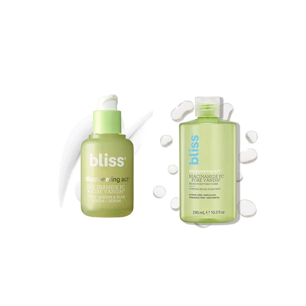 Bliss Disappearing Act Toner + Disappearing Act Pore Serum Duo | Niacinamide, Pore-Minimizing Set for Clear, Smooth Skin