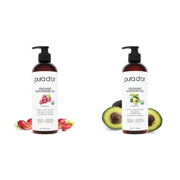 PURA D'OR 16 Oz Organic Grapeseed & Avocado Oils - 100% Pure Cold Pressed Carrier Oils Bundle