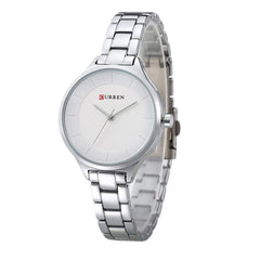 CURREN Elegant Design Women's Watch, Shiny Hands, Minimalist Dial with Adjustable Stainless Steel Band with Butterfly Clasp for Safety, silver with white, M, Casual