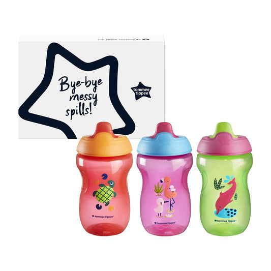 Tommee Tippee Sippee Cup, Water Bottle for Toddlers, 9 Months+, 10oz, Spill-Proof, Bite-Resistant Spout, BPA Free, Pack of 3, Red, Purple and Green