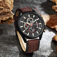 Curren 8290 Leather Round Analog-Chrono With Date Display Brown, Black Watch for Men