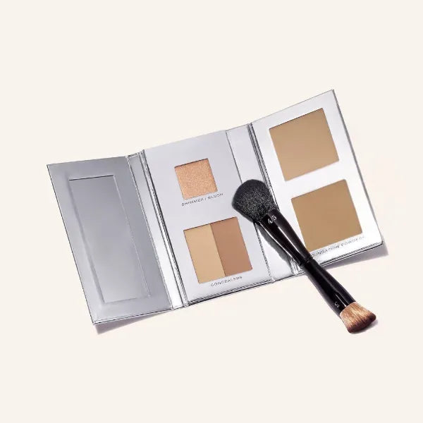 Woosh Beauty, The Fold Out Complexion Palette w/Secret Brush, Travel All in One Neutral Cream & Powder Kit, 4 in 1 Nested Makeup Brush (#2.5 Medium Tan)