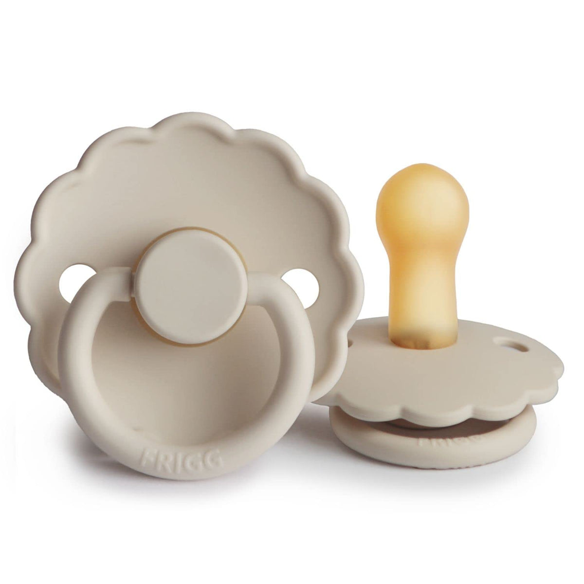 FRIGG Daisy Latex Pacifier 6-18 Months | Soothing Comfort Pacifiers with Click-Lock System | 1 Pack Natural Rubber Soothers | Food Safe with Timeless Elegance — Sandstone