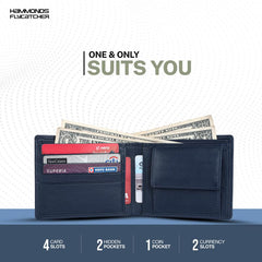 HAMMONDS FLYCATCHER Genuine Leather Wallet for Men, RFID Protected Leather Purse for Men, Money Purse for Men, Bi-Fold Wallet, 4 Card Slots, Coin Pocket, Hidden Pockets - Royal Blue