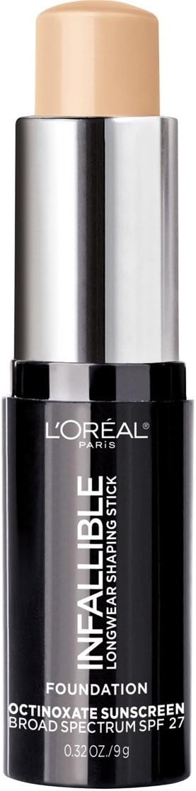 L'Oreal Paris Makeup Infallible Longwear Foundation Shaping Stick, Up to 24hr Wear, Medium to Full Coverage Cream Foundation Stick, 402 Nude Beige, 0.3 oz.