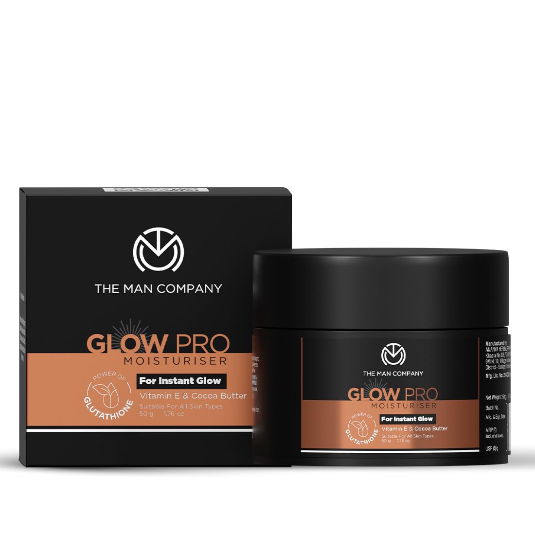 The Man Company Glow Pro Non-Sticky Daily Moisturizer for Face - 50g | For Instant Glow with Vitamin E, Glutathione and Cocoa Butter | 24 Hours Moisturization
