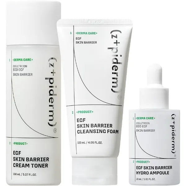 Zipiderm EGF Skin Barrier Cleansing & Hydration Routine – Deep Cleansing Foam + Cream Toner + Hydro Ampoule Serum, Korean 3-Step Cleanse–Soothe–Hydrate Set for Sensitive, Acne-Prone & Dry Skin