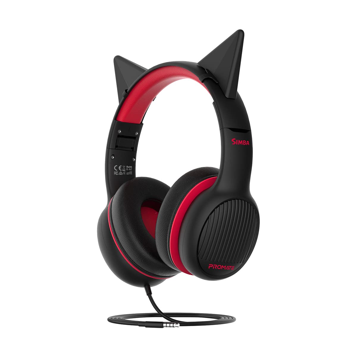 Promate Kids Headphones, Foldable Wired Headphones with Safe Volume Limiting to 85dB, 3.5mm AUX Sharing Port, 1.2m AUX Cable, Detachable Cat Ears and Soft Earmuffs, Simba Onyx