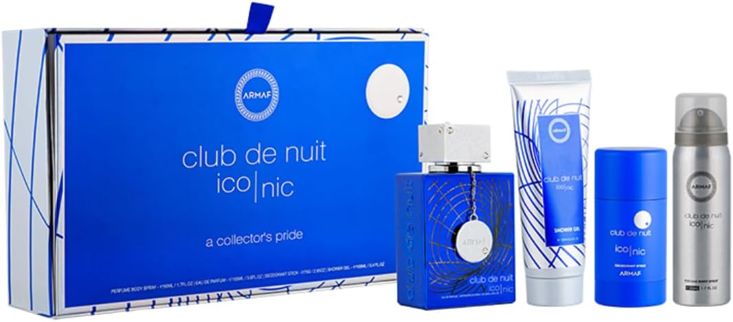 Armaf Club De Nuit Iconic Blue Perfumes for Men, Parfum A Collector Pride, 4 Pieces Gift Set, Perfume Body Spray 50ml, Eau De Parfum 105ml, Shower Gel 100ml, Deodorant Stick 75g