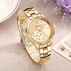 CURREN Women's Watch, Ladies, Shiny Analogue Bracelet, Case with Zirconia, Elegant, Casual with Metal Extendable, Butterfly Brooch, Golden, M, casual
