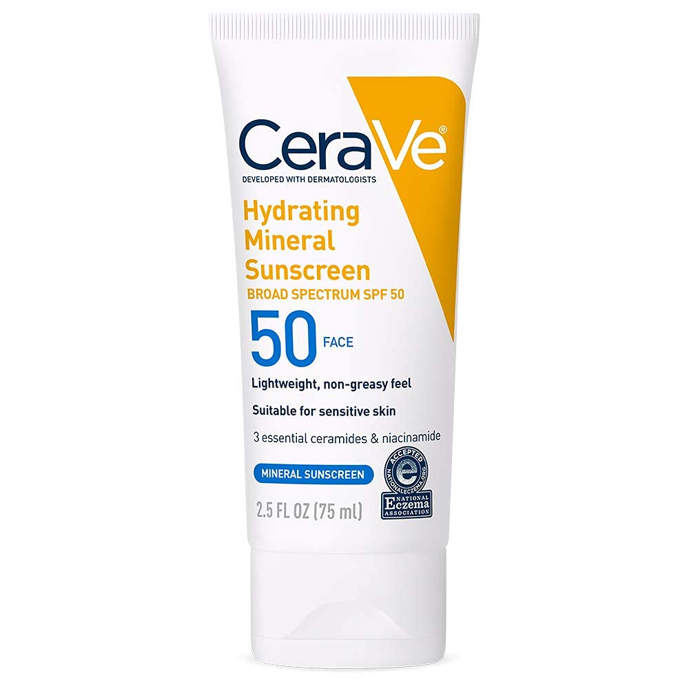 CeraVe 100% Mineral Sunscreen SPF 50 | Face Sunscreen with Zinc Oxide & Titanium Dioxide for Sensitive Skin | 2.5 oz, 1 Pack (Packaging May Vary)