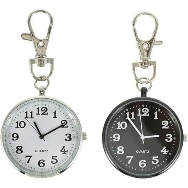 KASTWAVE Quartz Pocket Watch, 2 Pcs Large Dial Nurse Pocket Watch with Keychain Keyring Ornaments for Decoration, Nurse Watch Hanging Watch Durable Watch (Black+White)