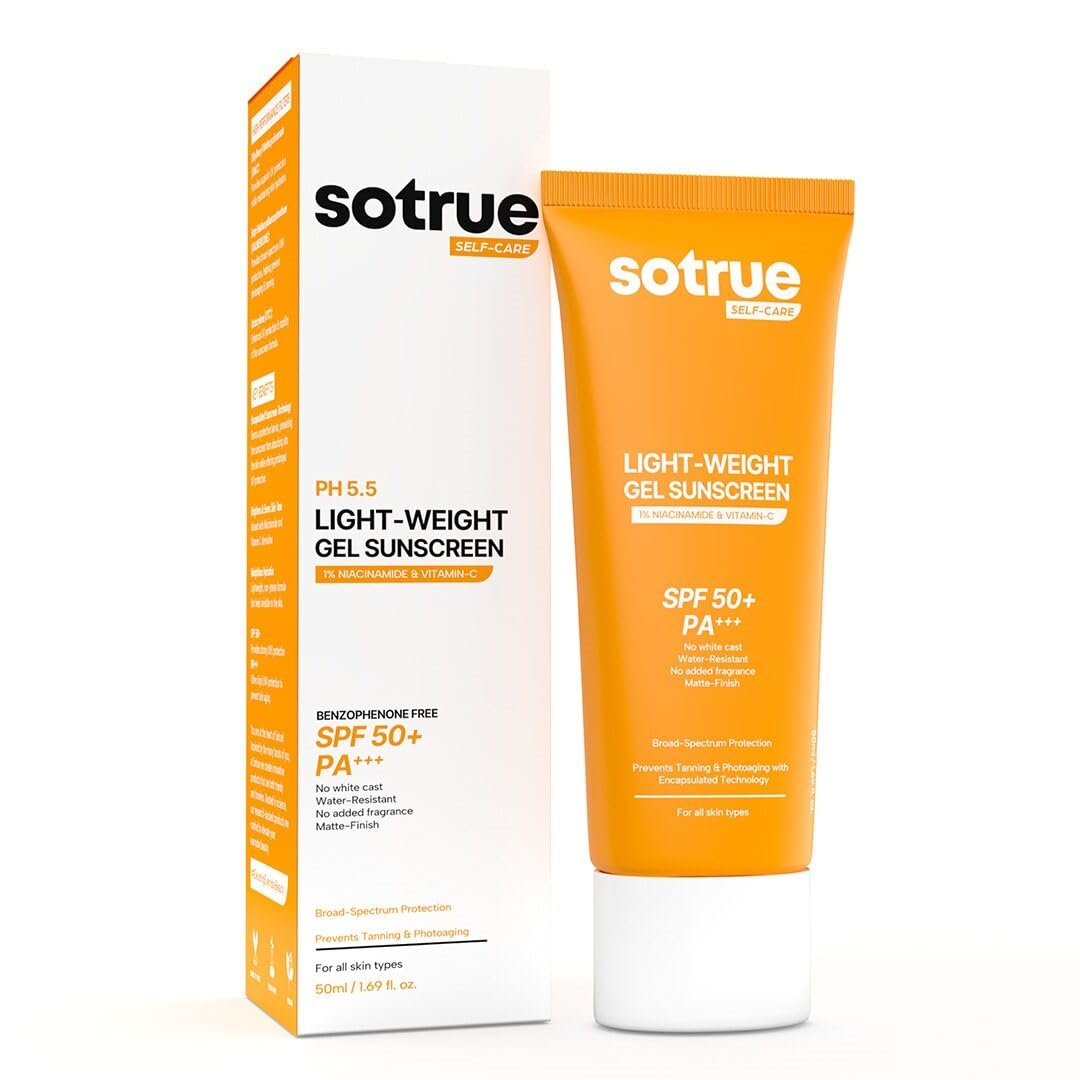 Sotrue Face Gel Sunscreen SPF 50+ and PF+++, Lightweight Gel Sunscreen, 1% Niacinamide & Vitamin-C, No White Cast, No Added Fragrance, Water Resistent, Broad Spectrum Protection, All Skin type, 50ml