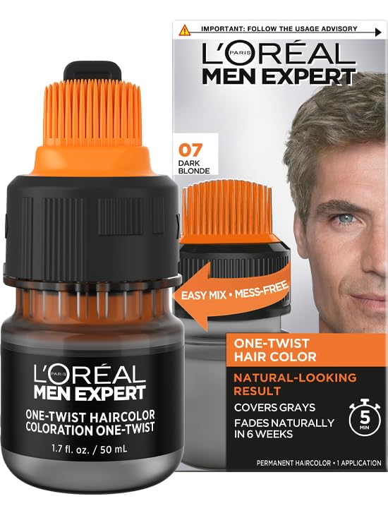 L’Oréal Paris Men Expert One Twist Mess Free Permanent Hair Color, Mens Hair Dye to Cover Grays, Easy Mix Ammonia Free Application, Dark Blonde 07, 1 Application Kit