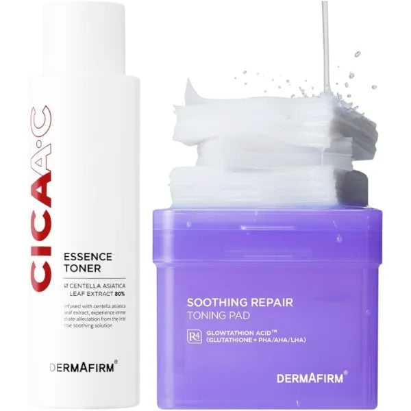 Dermafirm CICA AC Essence Toner & Soothing Repair Toning Pad Set Korean Skincare for Exfoliation, Hydration, and Pore Refining