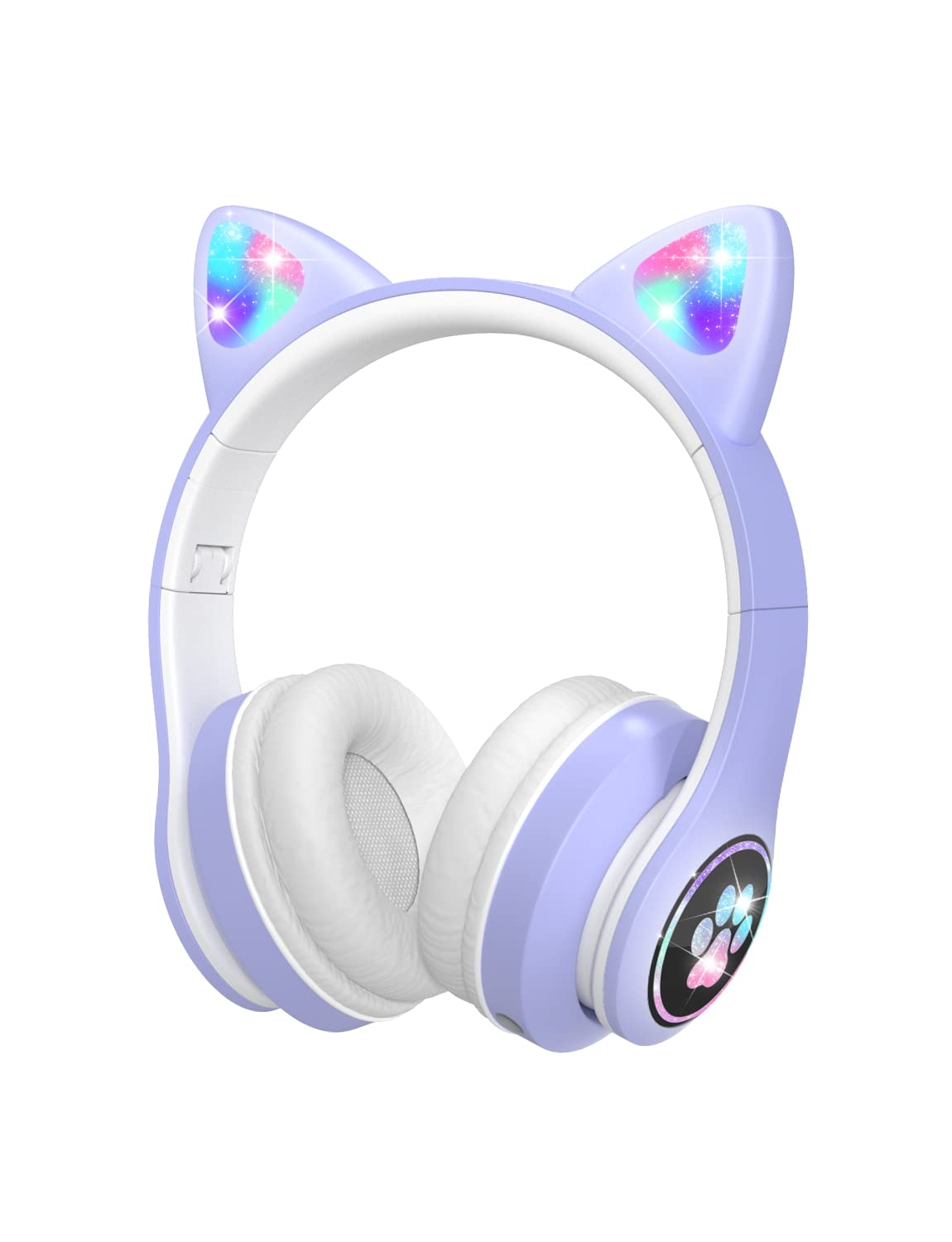 VuyKoo Kids Headphones with Microphone/RGB LED Light Up, Cat Ear Bluetooth Headphones 94dB Volume Limiting, Foldable Stereo Over-Ear Headphones for Kids Tablet/School/iPad/Smartphone (Purple)