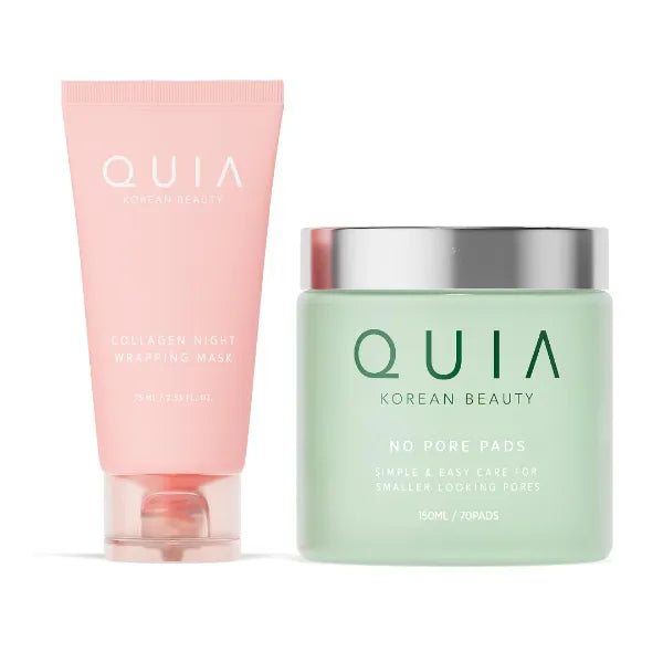 QUIA Korean Skincare Set - Toner Pads + Collagen Wrapping Mask - Dual-Step System for Visibly Smoother Texture, Refined Pore Appearance & Glass Skin - Gentle Exfoliation + Overnight Firming Treatment