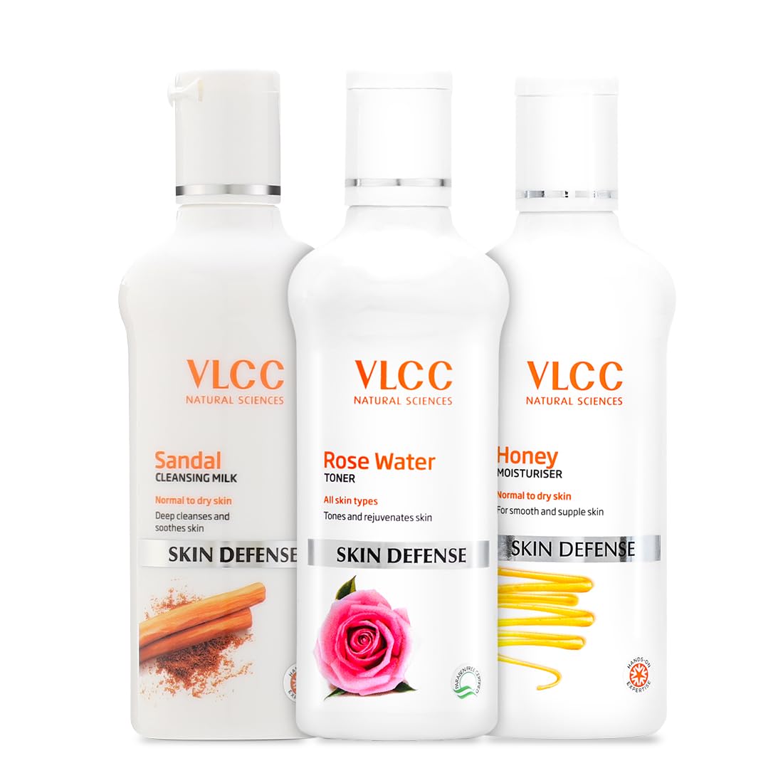 VLCC Essential Skin Defense Kit (Sandal Cleansing Milk - 100ml + Rose Water Toner - 100ml + Honey Moisturiser - 100ml) (3 Items in the Set) | With Almond, Olive Oils, Rose, Aloe Vera, and Honey