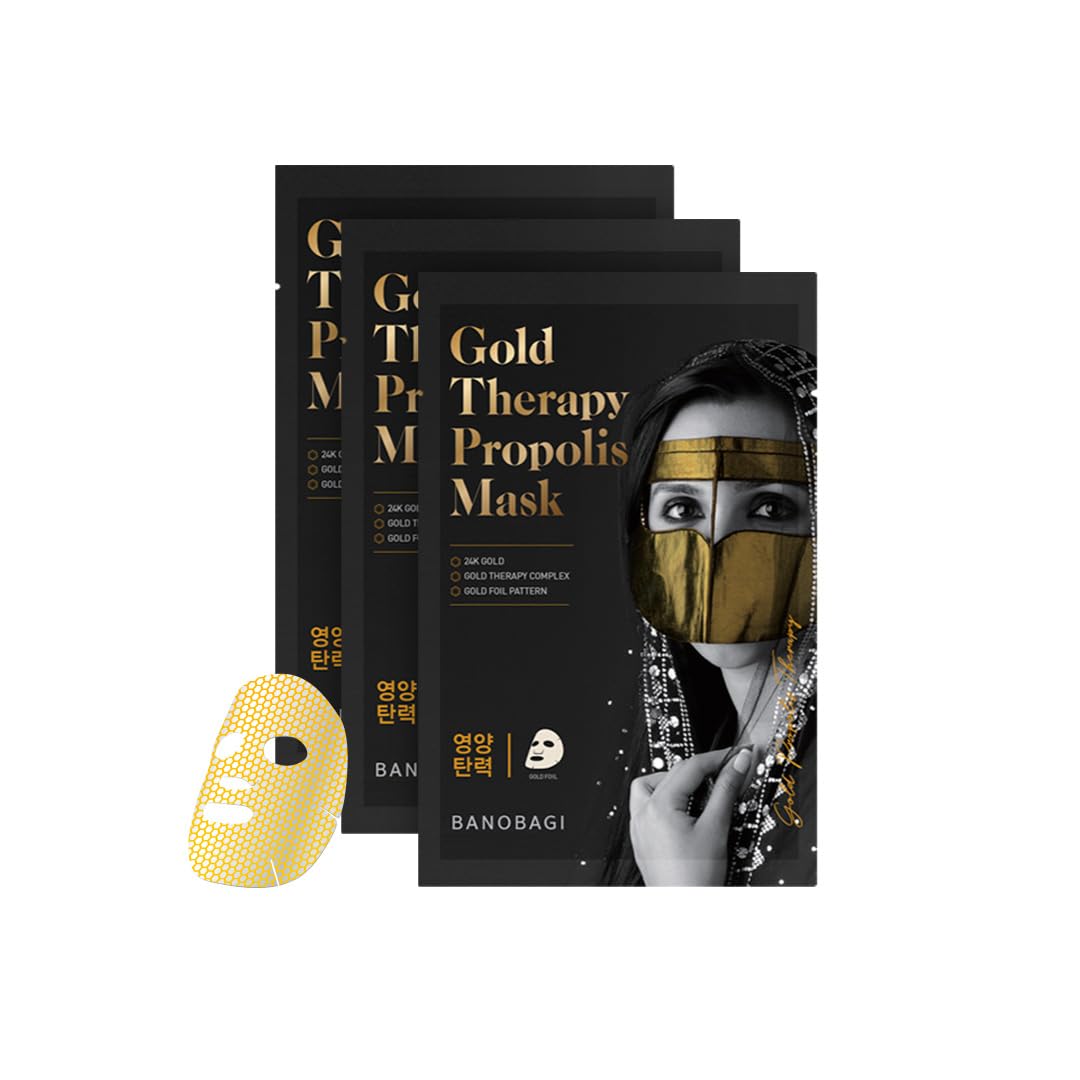 BANOBAGI Gold Therapy Propolis Face Sheet Mask (Pack of 3) | Wrinkle Improvement, Skin Elasticity & Firming | 24K Gold, Royal Jelly & Honey | Korean Skincare Face Mask for Radiant Skin