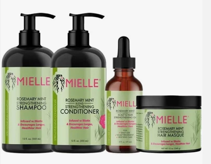 Miell Rosemary Mint Organic Infused with Biotin and Encourages Growth Hair Products for Stronger and Healthier Hair and Styling Bundle Set 4 PCS/shampoo/masque/conditioner/oil