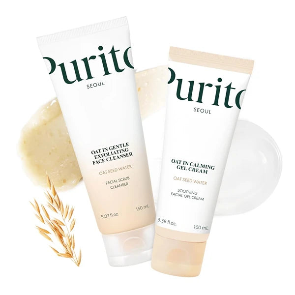 Purito Oat Velvet Duo Set – Calming Gel Cream & Exfoliating Facial Polish | Non-Comedogenic Korean Skincare for Sensitive Skin | Moisturizer + Cleanser (3.38 + 5.07 fl oz)
