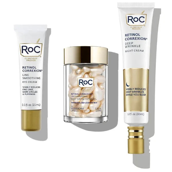 RoC Retinol PM Rituals Bundle RoC Retinol Serum Night Capsules + Deep Wrinkle Night Cream + RoC Eye Cream for anti-wrinkles, dark circles, and puffy eyes