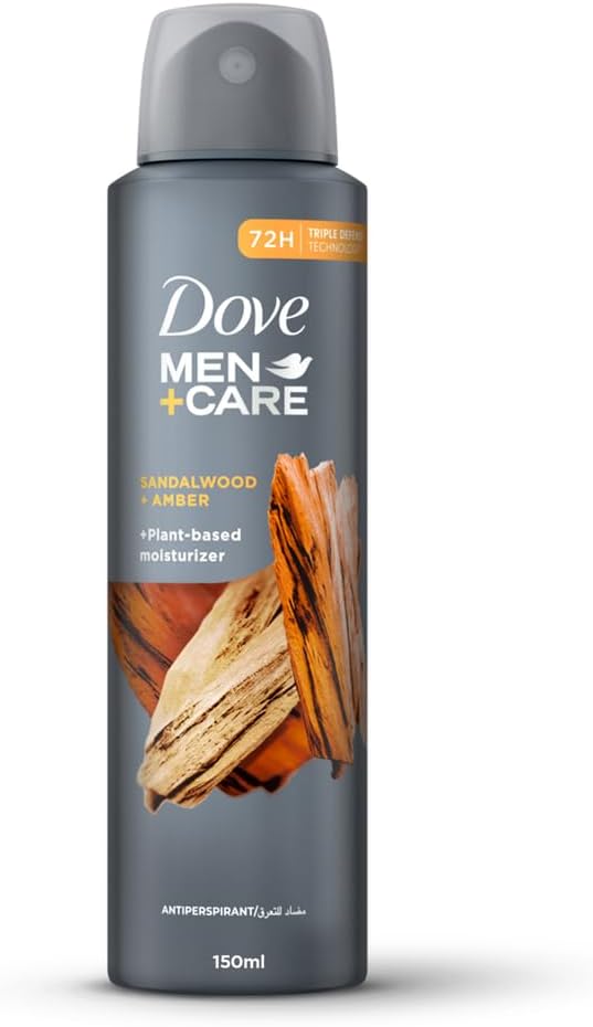 DOVE MEN + CARE Antiperspirant Deodorant Spray, Sandalwood & Amber, Plant-Based Moisturizer, Triple Defense Technology, 72H Protection, 150ml