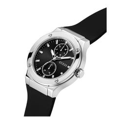 GUESS Men's 45mm Watch - Black Strap Black Dial Silver Case