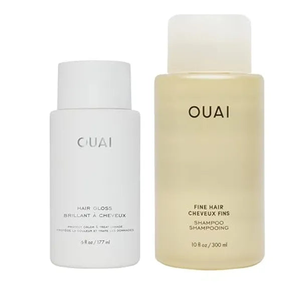 OUAI Hair Gloss and Fine Shampoo Bundle Fine Hair, Shine, Frizz Control, Volumizing, Heat Protection 2 Count, 6 Oz/ 10 Fl Oz