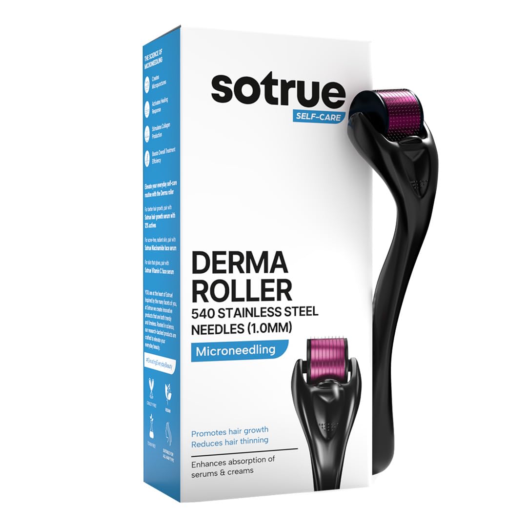 Sotrue Hair Growth Derma Roller 1 mm with 540 Stainless Steel Needles, Activates Hair Follicles, Repairs Damaged Hair, For Hair Fall & Hair Thickening, Reduces Acne Scars, Safe & Effective To Use
