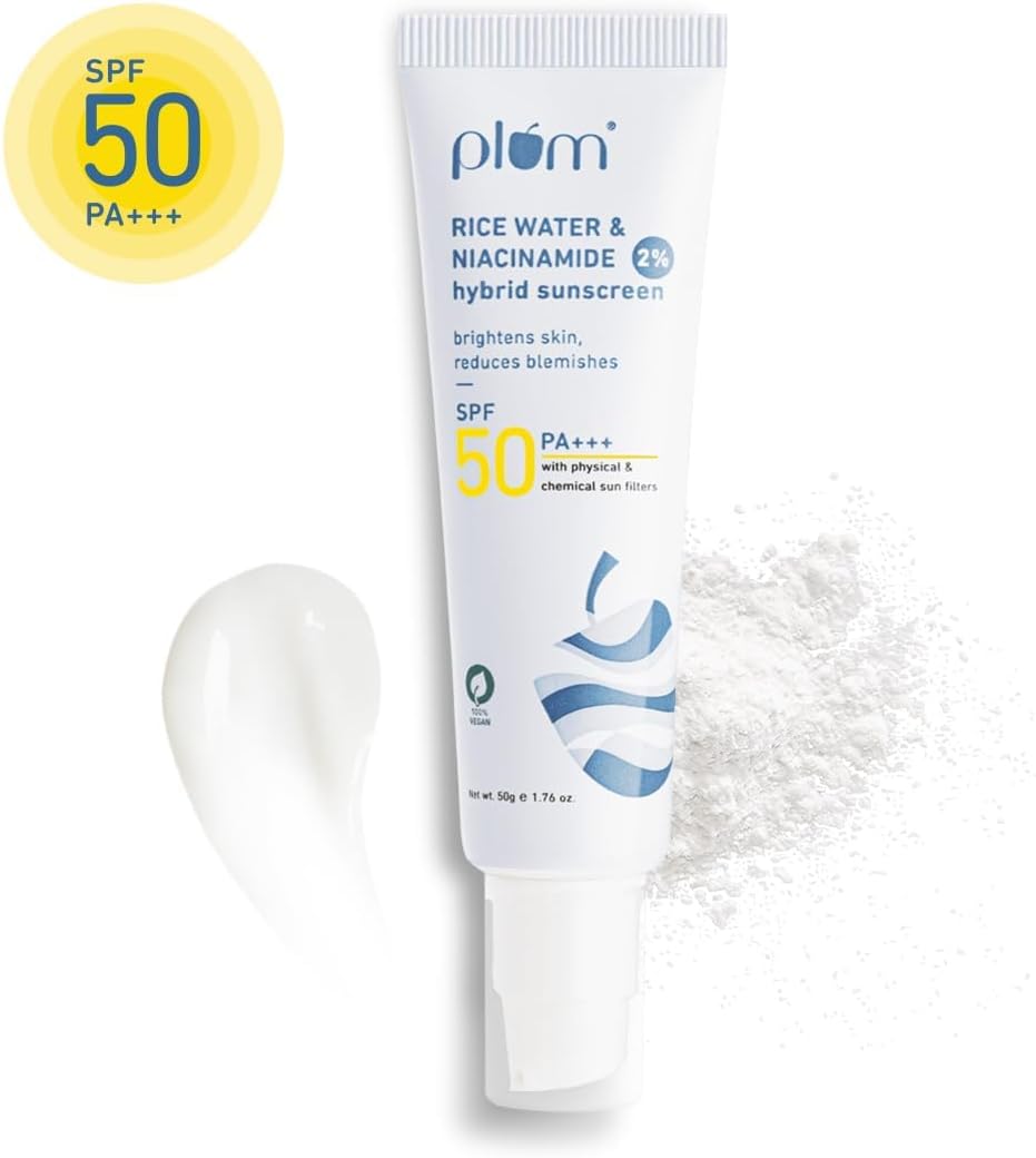 Plum Sunscreen SPF 50 Face with 2% Niacinamide & Rice Water Hybrid PA+++, Protects Skin, No White Cast, Reduces Blemishes, Non-Greasy, UVA & UVB Protection, 50 g