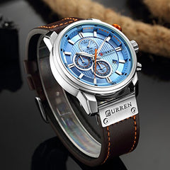 CURREN Mens Water Resistant Sport Chronograph Watches Military Multifunction Leather Quartz Wrist Watches (Silver Blue), silver blue, Chronograph,Quartz Movement
