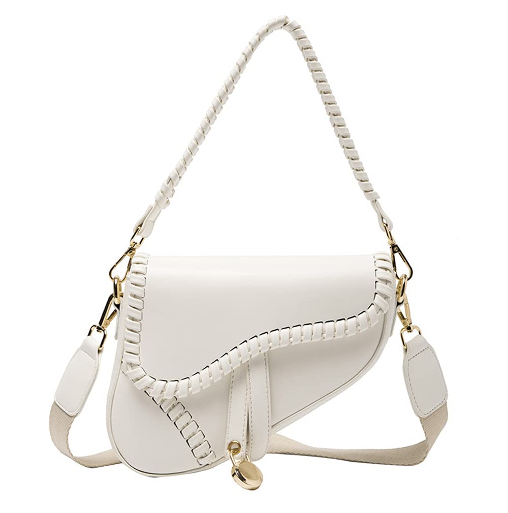 PURFANREE Women Trendy Saddle Shoulder Bag Clutch Purse Underarm Handbag Satchel HandBag Crossbody Bag - White