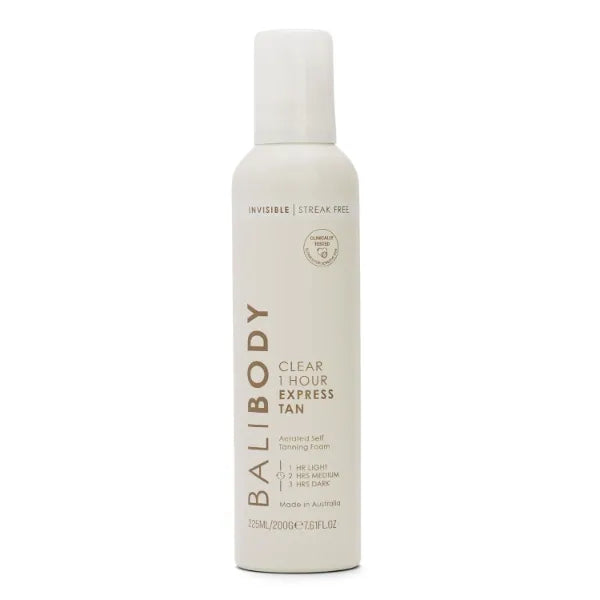 Bali Body Clear 1 Hour Express Self Tanner – Fast-Acting, Weightless Self Tanner for Natural Bronze – No-Transfer, Hydrating Quick Tan Mousse for Smooth, Radiant Skin, 7.61 Fl Oz