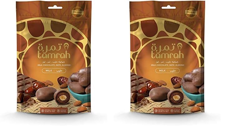 Tamrah Milk Chocolate Zipper Bag - 100g, Easy to Share, Premium Milk Chocolate-Coated Dates with Stuffed Almonds, Nutritious Snacks, Ideal for Gifting, Daily Treats, Kids' Favorite (Pack of 2)