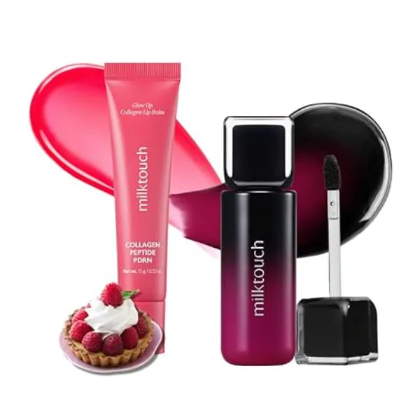 MILKTOUCH Summer proof Lip Combo Black Peel Off Lip Tattoo Black Plum + Collagen Lip Balm Berry Tart
