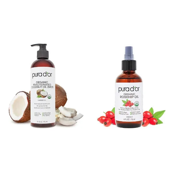 PURA D'OR 16 Oz Fractionated Coconut Oil, 4 Oz Rosehip Seed Oil - Organic Oils for Skin, Hair & Face