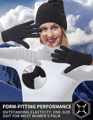 ChicAbode 2 Pairs Winter Gloves for Women, Touch Screen Dual-Layer Cashmere Elastic Thermal Knit Gloves, Full Finger Lining Warm Gloves for Cold Weather, Black, Khaki