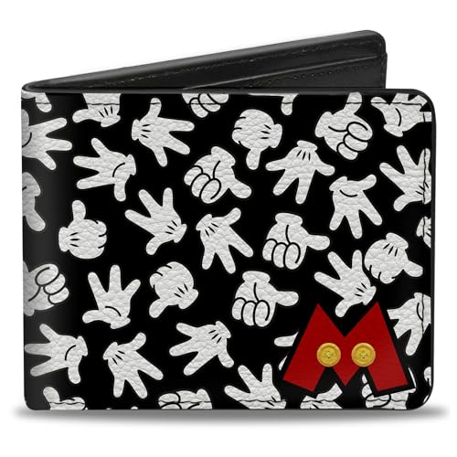 Buckle-Down Men's Mickey Mouse M Icon/Hand Gestures Scattered Black/White Bi-Fold Wallet, Multicolor, Default Size