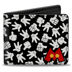 Buckle-Down Men's Mickey Mouse M Icon/Hand Gestures Scattered Black/White Bi-Fold Wallet, Multicolor, Default Size