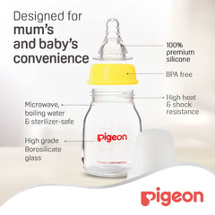Pigeon Slim Neck Glass Bottle, White Cap, Ultra-soft Silicone, Anti-Colic, BPA & BPS Free, 50ml, Multi-colour